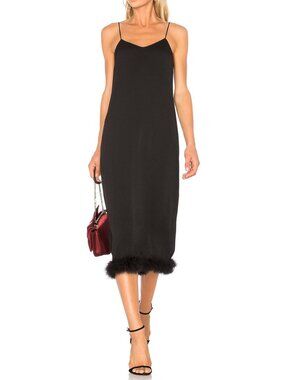 DELFI Quinn Feather Trim Slip Dress in Black (XS)